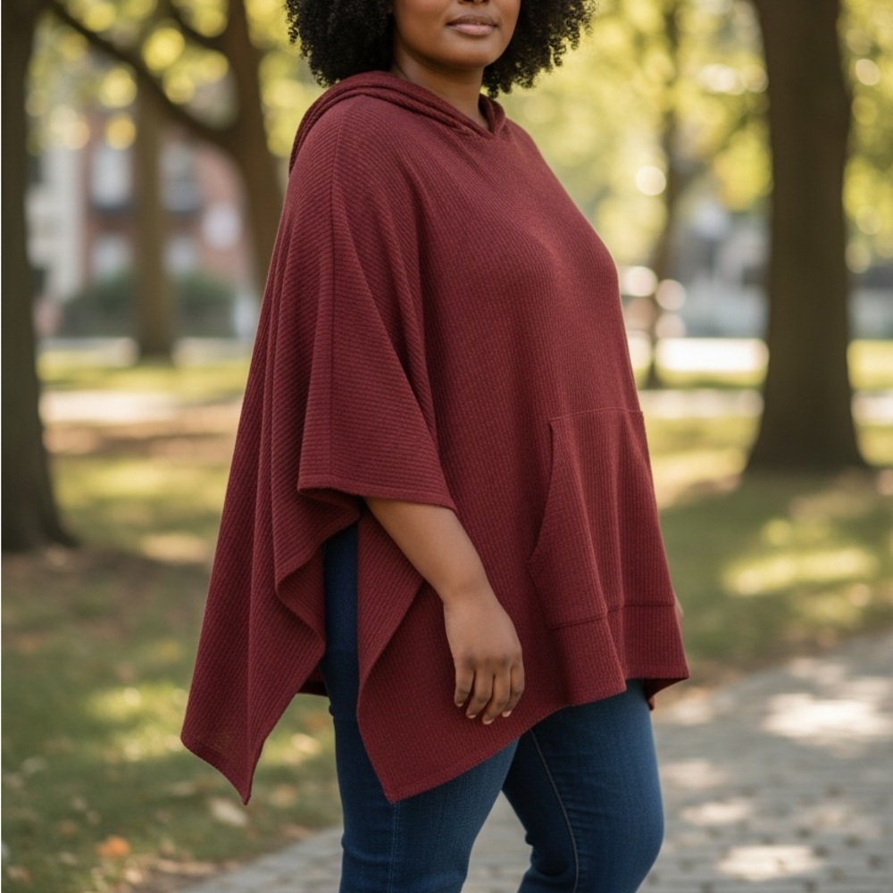 Cozy Hooded Poncho Sweater - Rich Burgundy